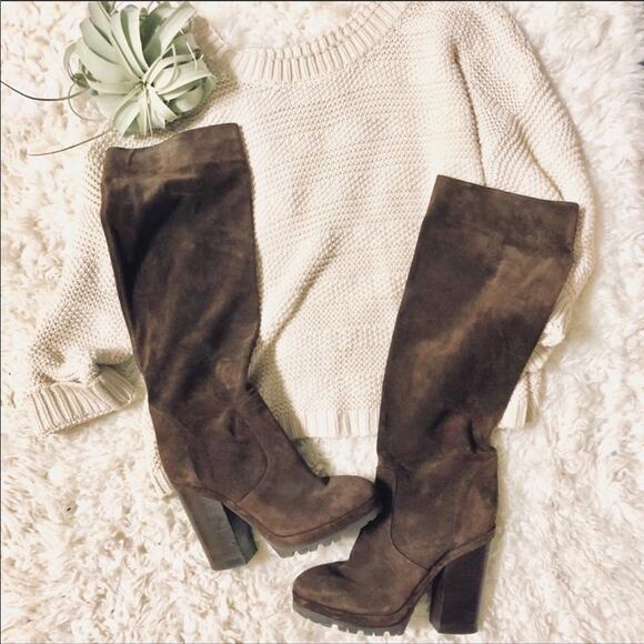 MICHAEL KORS Chocolate Brown Suede Leather Knee High Chunky Heel Boot Boots 9 - Picture 2 of 7